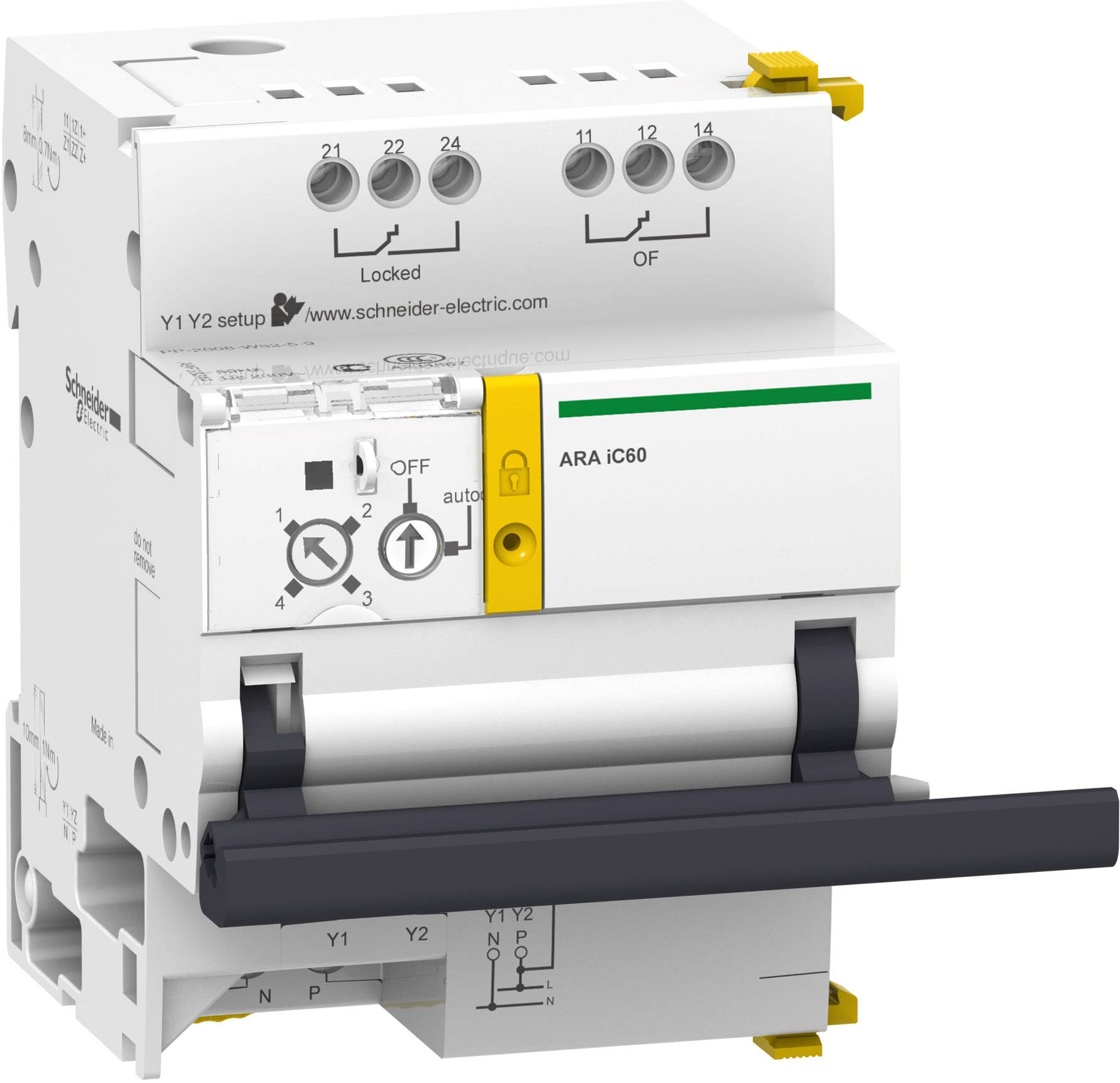 Automatisk effektbrytare från märket Schneider Electric, modell iC60 med gul spak. För styrning av strömkretsar.