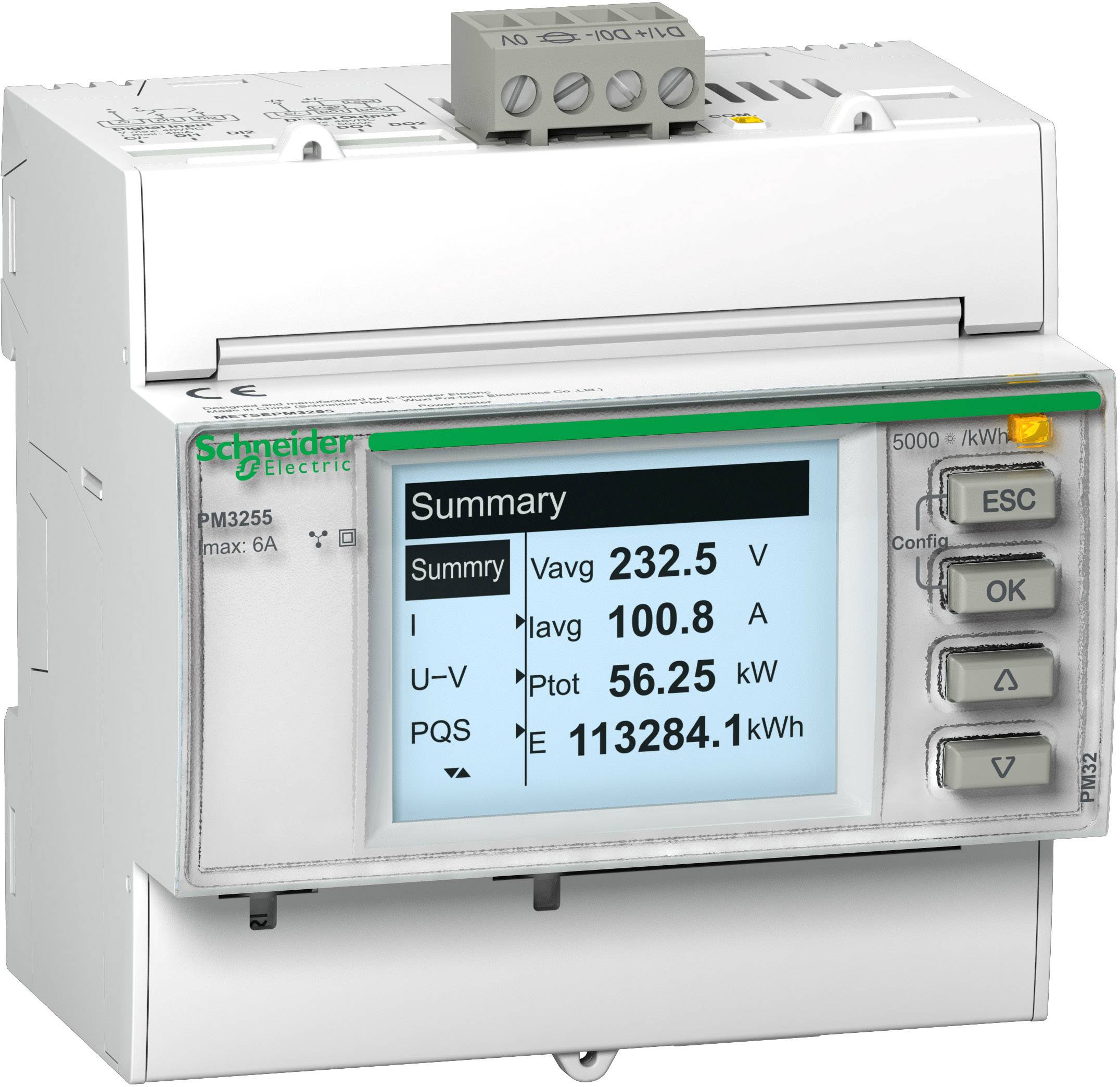 Ett digitalt energimätningsinstrument visar en sammanfattning: Spänning 232,5 V, Ström 100,8 A, momentan effekt 56,25 kW, energiförbrukning 1 132 841 kWh.