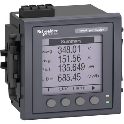 Digitalt mätinstrument från Schneider Electric, visar spänning 348,01 V, ström 151,56 A och effekt 135,649 kW.
