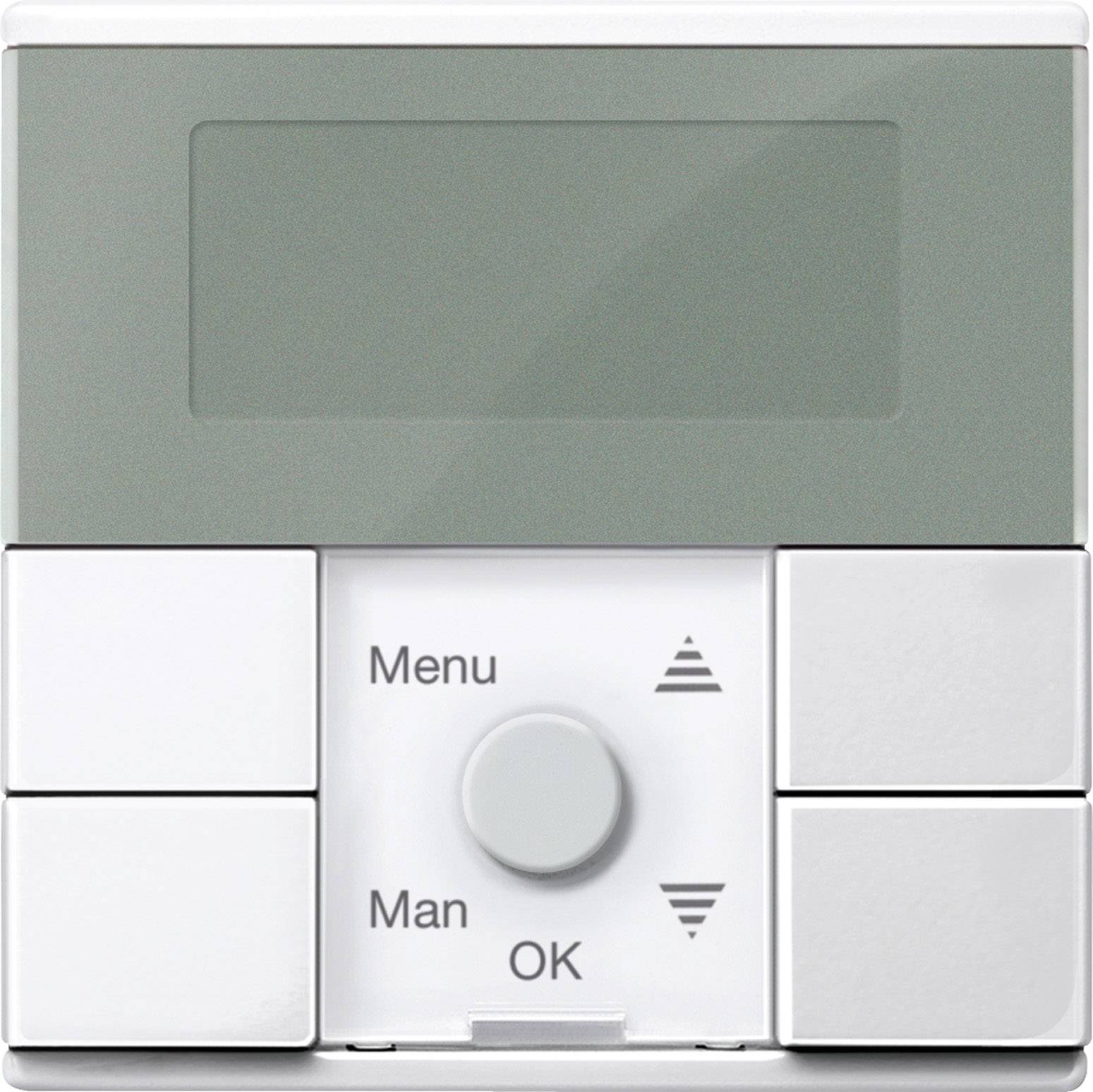 Termostat med display och kontroller: Ovanför ett tomt display, under detta knappar märkta 'Meny', 'Man', 'OK' och pilsymboler.