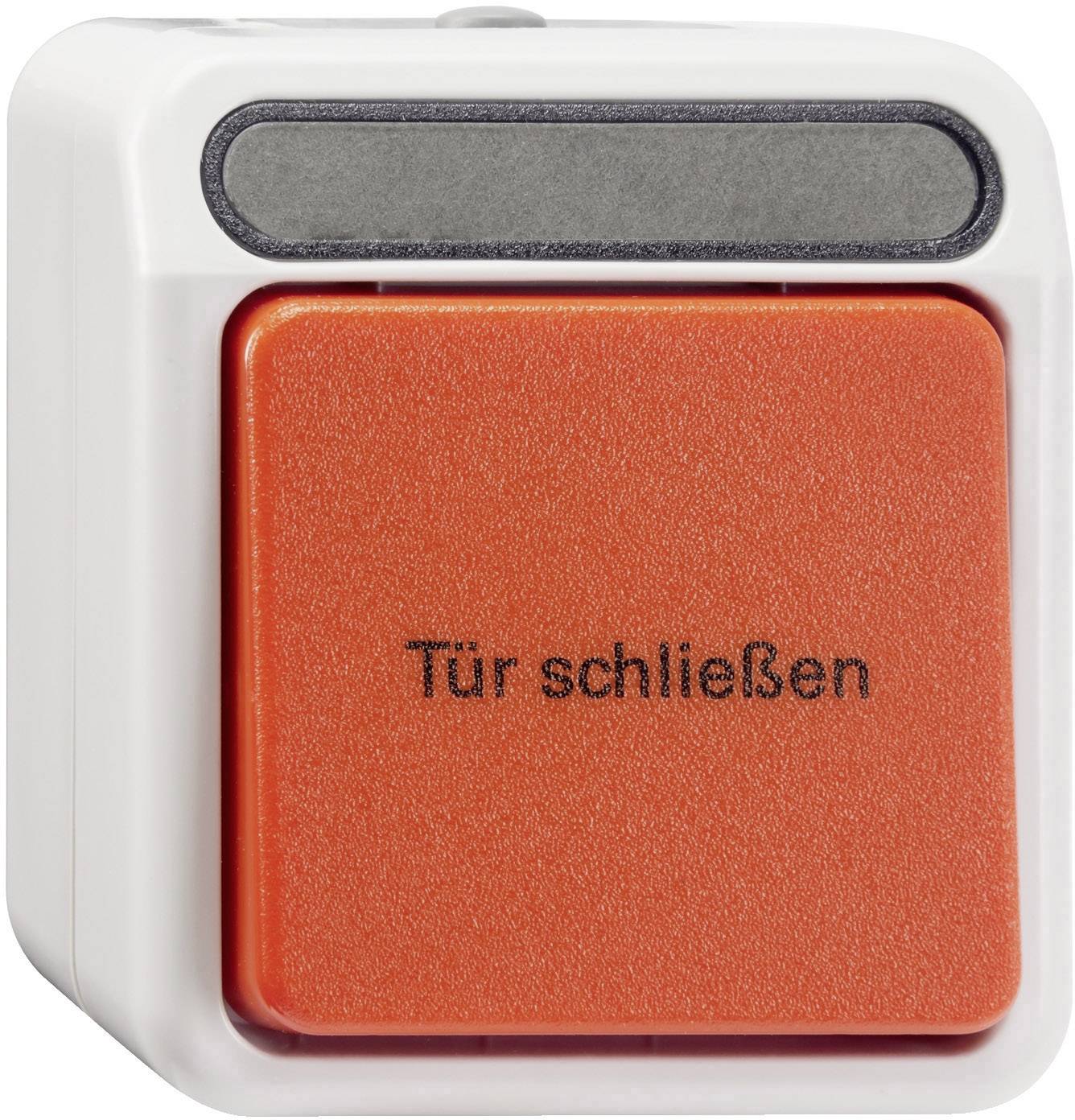 Röd nödstoppsknapp med texten 'Stäng dörr', fäst på ett vitt fäste.