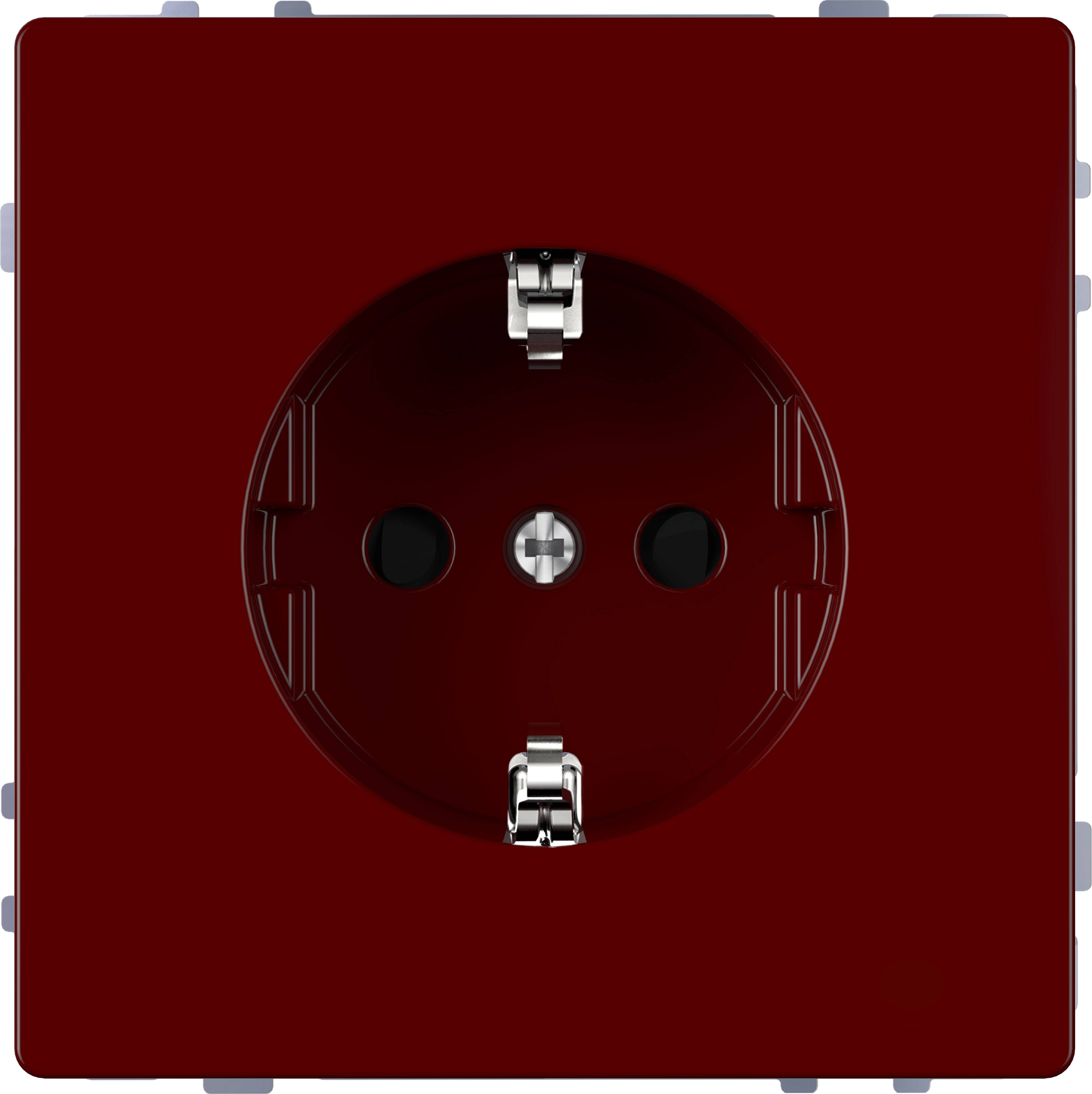 En röd kontakt med två runda öppningar och en jordningsstift i mitten.