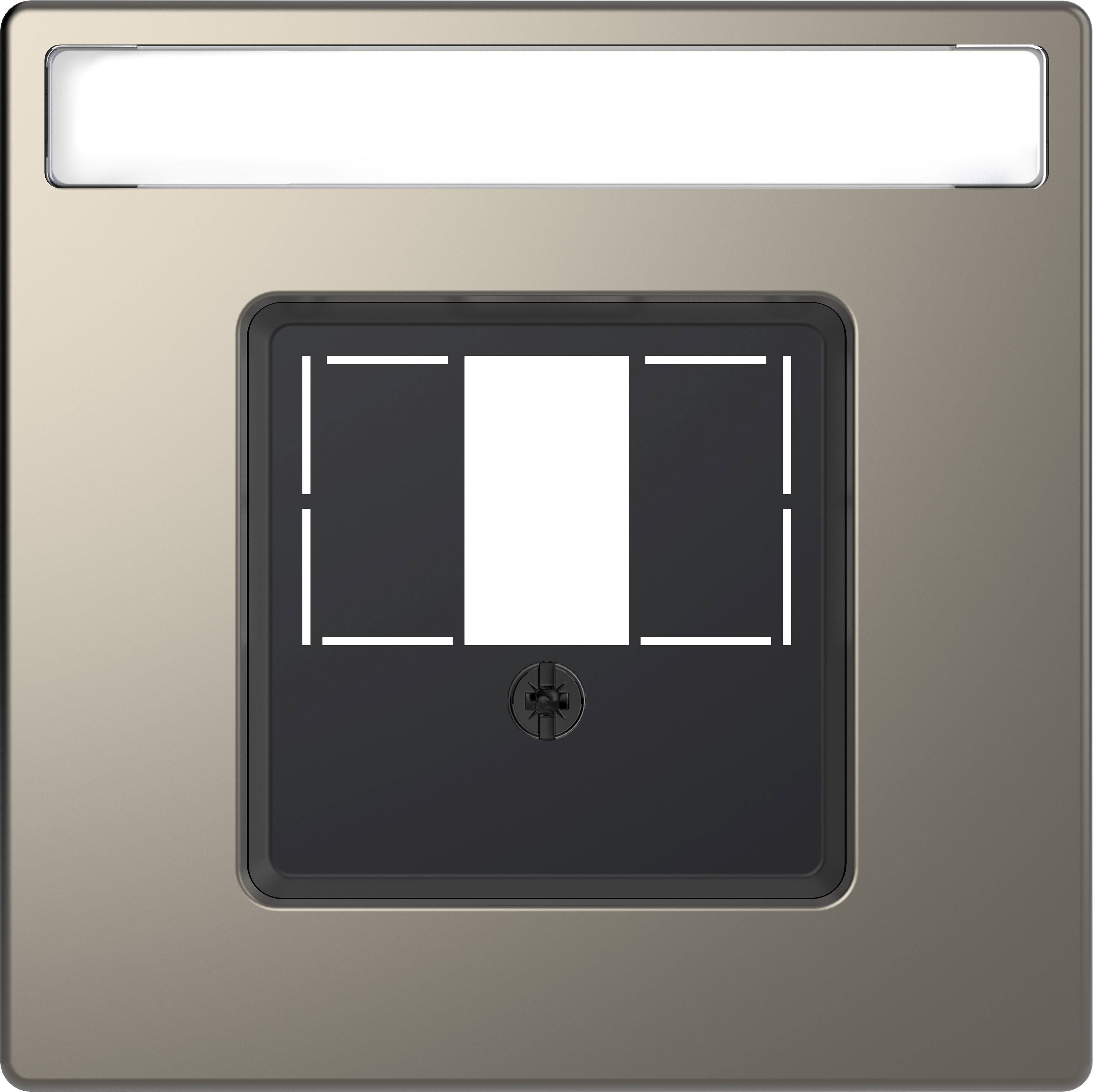 Strömbrytare på en metallplatta med口口口 ovanpå, lämplig för eluttag eller strömbrytare i en modern design.