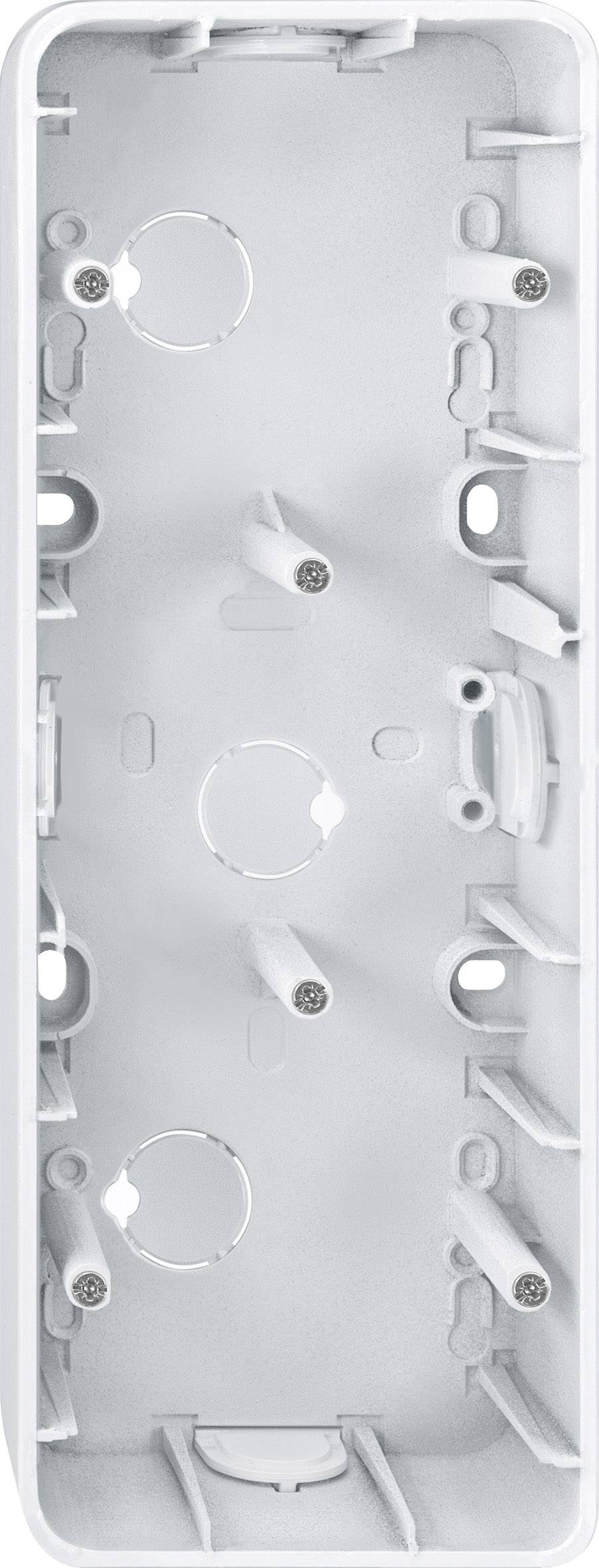 Ett rektangulärt, tomt vitt plastfodral för elektriska komponenter med fästhål och kabelgenomföringar.