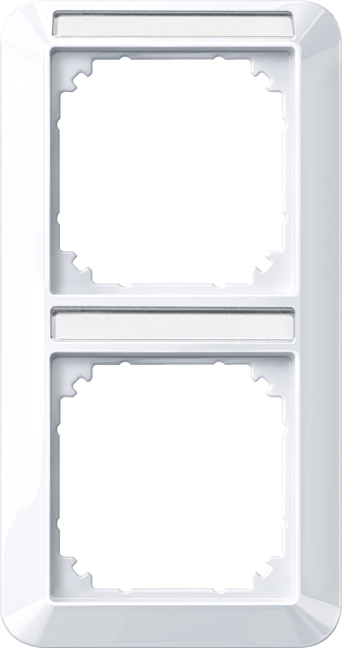 Två kvadratiska öppningar i en vit, rektangulär dubbelram för elektriska strömbrytare eller eluttag, placerade ovanpå varandra.