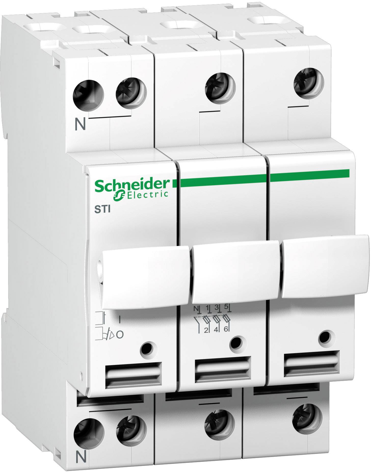 'Trepolig automatsäkring från Schneider Electric med grön markering överst. Frontvy visar switch och skruvanslutningar.'
