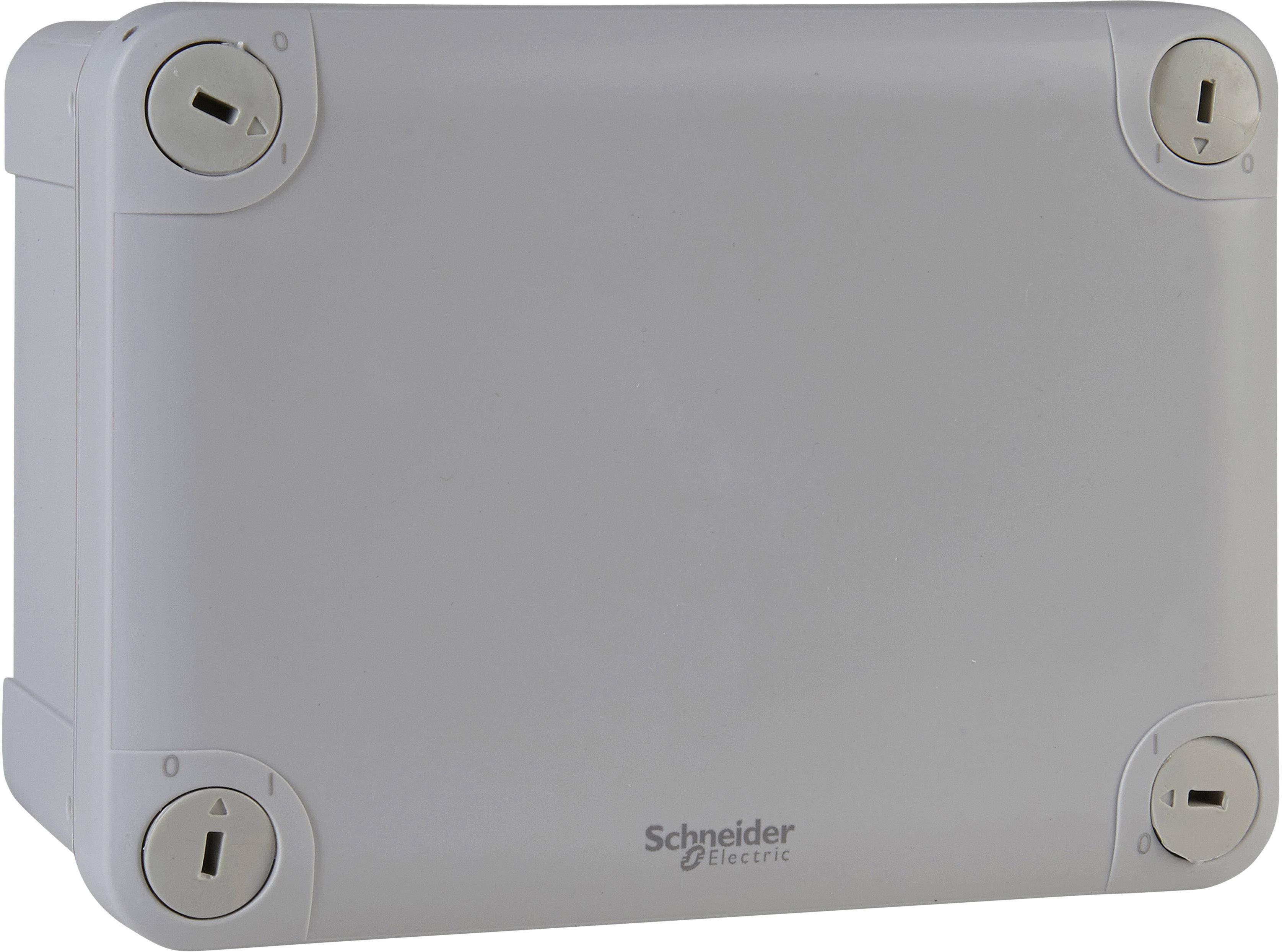Grå elektrisk kapsling med logotypen 'Schneider Electric'. Den har fyra låsta skruvar i hörnen.