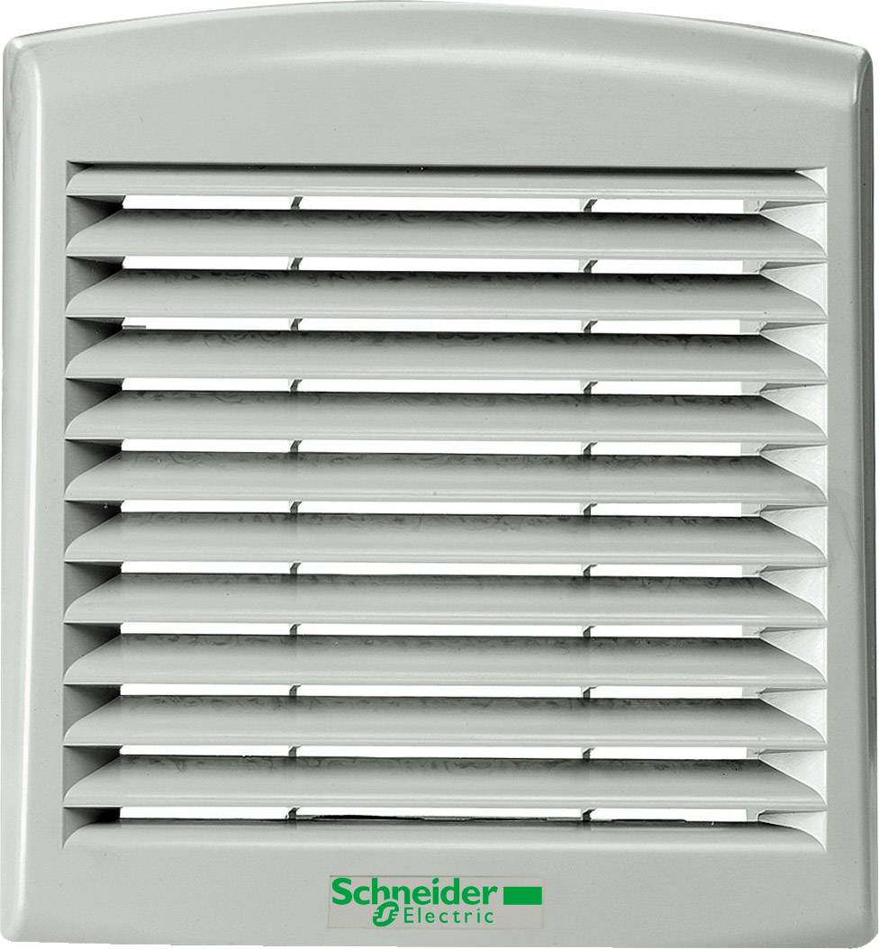 Vitt ventilationsgaller från Schneider Electric, rektangulärt med horisontella lameller, för luftcirkulation inomhus.