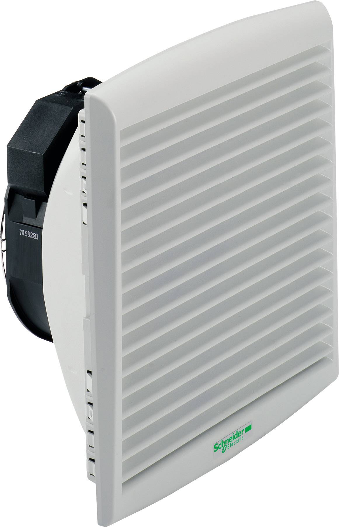 Luftfilter från Schneider Electric, grått hölje med horisontella ventilationsöppningar, monterad på en svart modul.