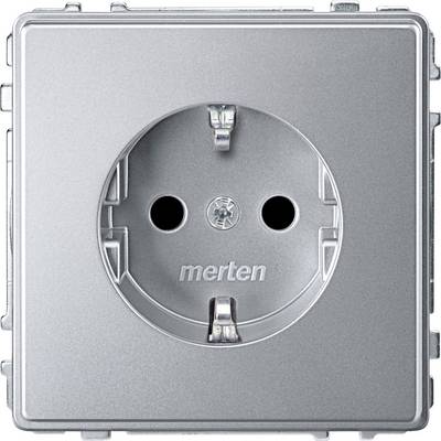 En silverfärgad Schuko-uttag med två runda hål och en jordningskontakt. Det står 'merten' i mitten av uttaget.