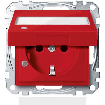 Röd vägguttag med fällbart lock i rektangulär metallram, lämplig för elinstallation, avsedd för skydd mot damm och stänkvatten.