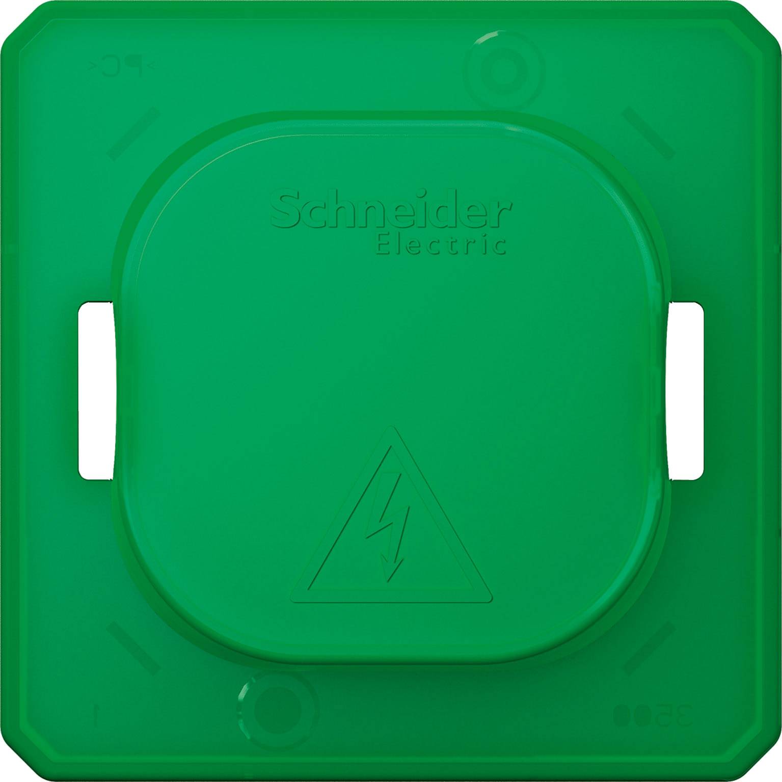 Grön skyddsavtäckning från Schneider Electric med blixtsymbol i mitten, indikerar elektrisk säkerhet.