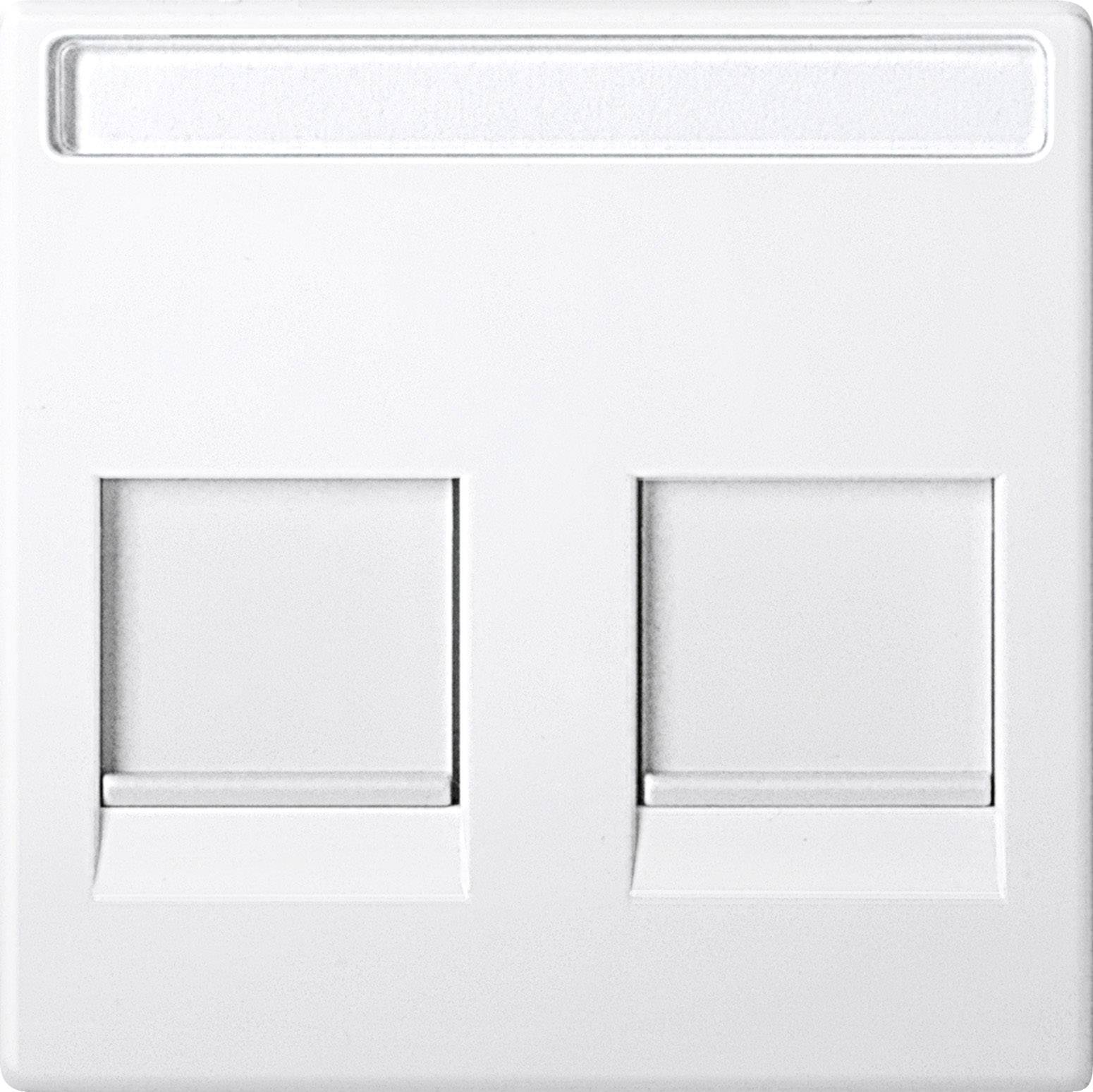 Vit dubbel nätverksuttag med två RJ45-portar, lämplig för Ethernet-anslutningar på kontor eller hemma.