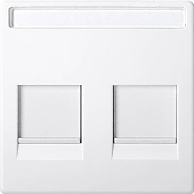 Vit dubbel nätverksuttag med två RJ45-portar, lämplig för Ethernet-anslutningar på kontor eller hemma.