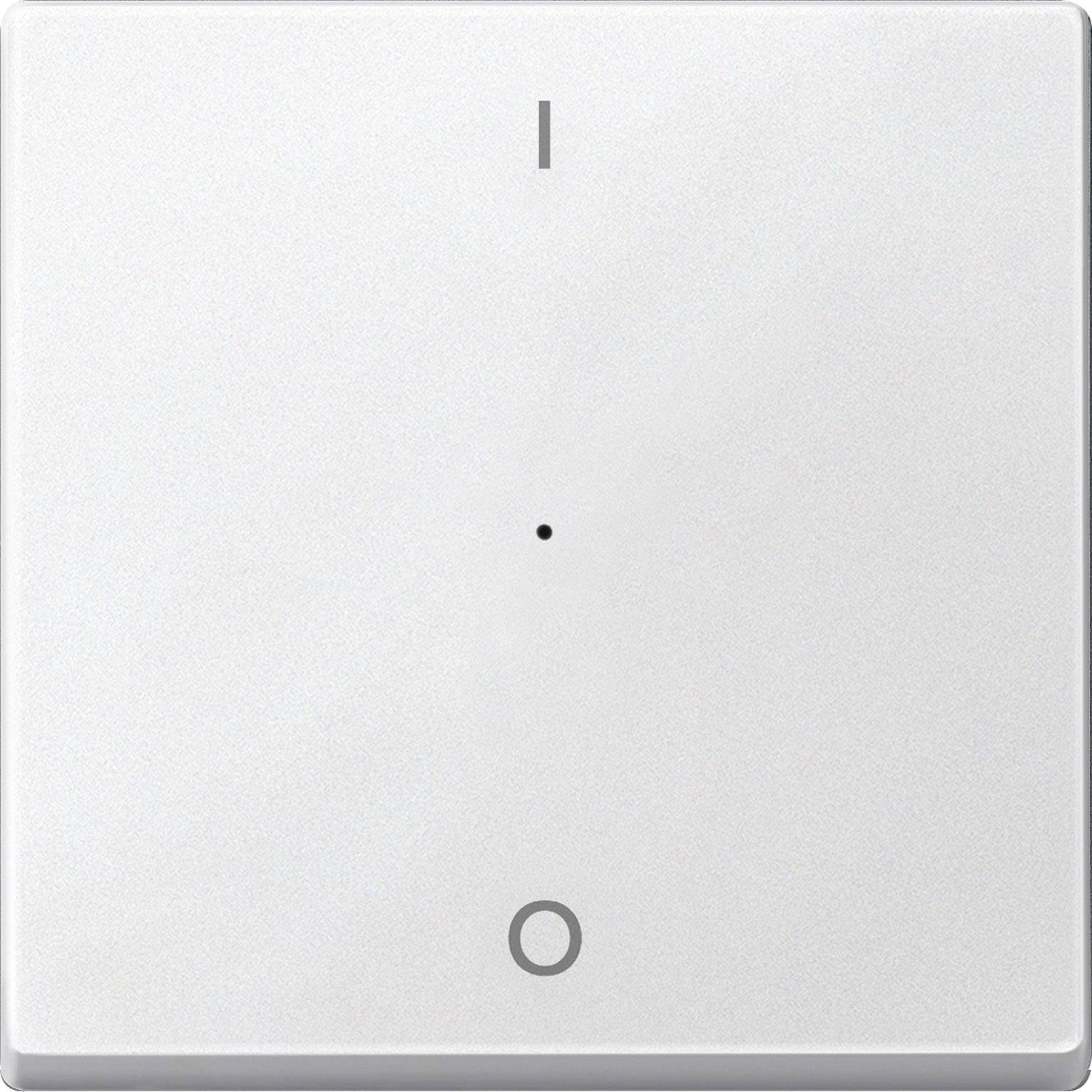 En vit vippströmbrytare med symboler för 'På' (ovanför) och 'Av' (nedanför). Strömbrytaren är i 'Av'-läget.