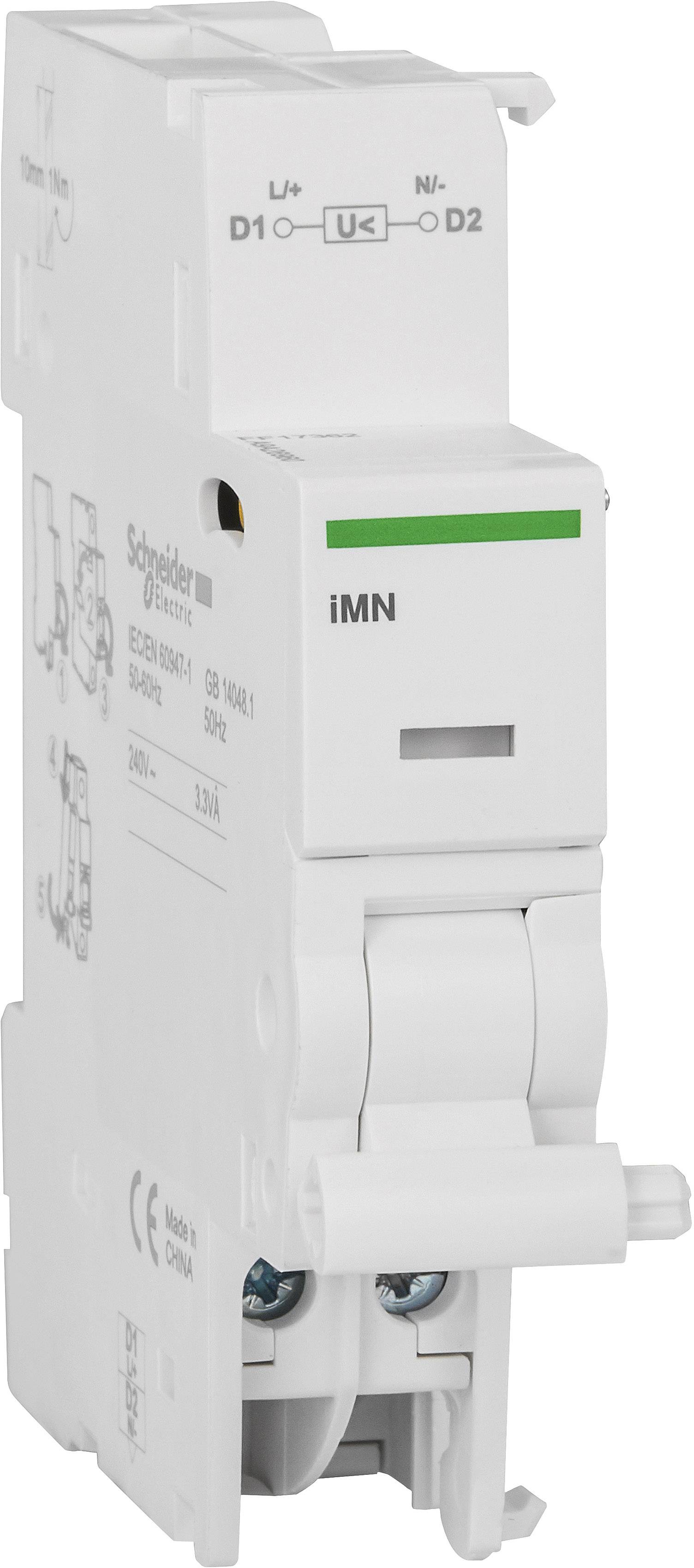 En vit elektrisk modulbrytare från märket Schneider Electric, märkt med 'iMN', avsedd för styrning av strömkretsar i elskåp.