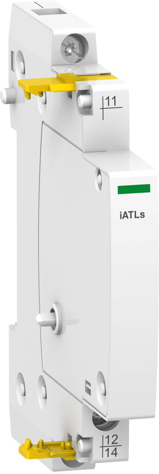 En smal, vit elektrisk kontaktor med märkningar '11', 'iATL', '12', '14'. Innehåller gula skydd och visar en sidvy.