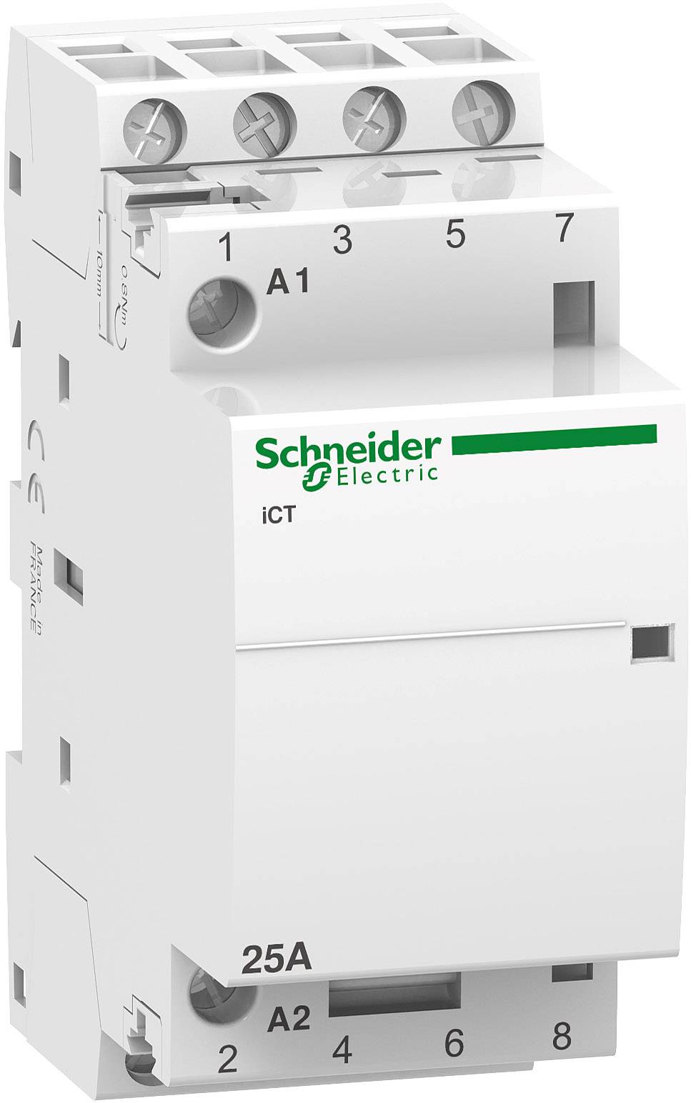 'Schneider Electric iCT' varumärke på vit elektrisk kopplingsanordning med flera skruvklämmor, avsedd för professionella elinstallationer.