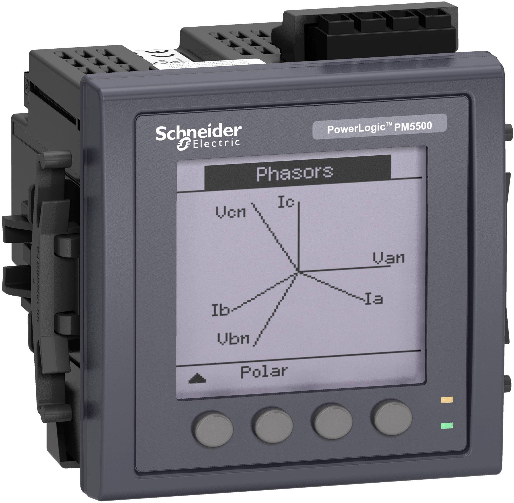 En digital multimeter från Schneider Electric, modell PowerLogic PM5500, visar ett fasordiagram på skärmen.