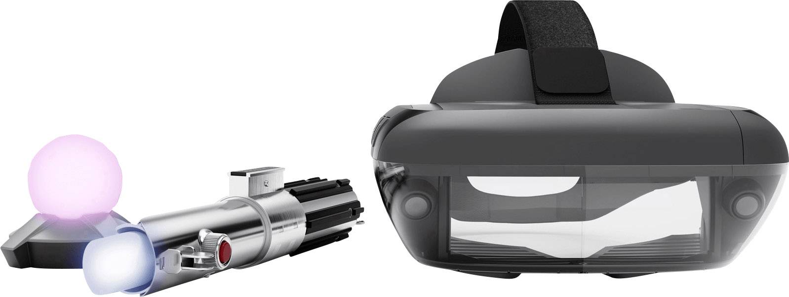 Ett AR-headset bredvid ett lysande klot på en piedestal och en futuristisk stav med ljus som liknar en framtida teknisk apparat.