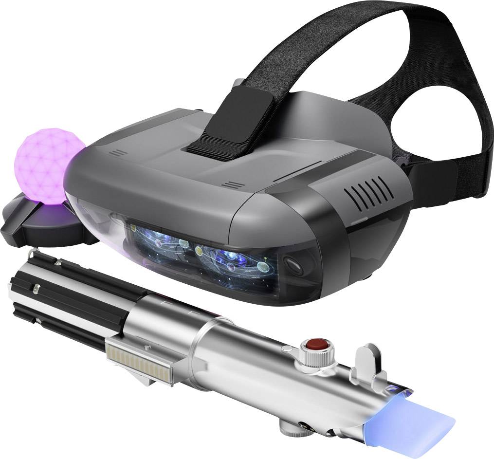 Ett VR-headset med en fäst lysande boll och en futuristiskt utseende stav; Teknologi och underhållning.