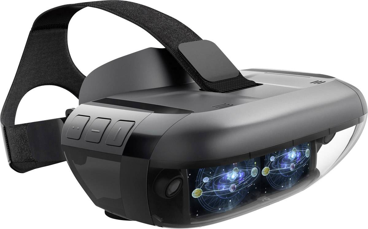 Ett svart VR-headset med ett genomskinligt visir som visar hologram. Det har justerbara remmar och knappar på sidorna.