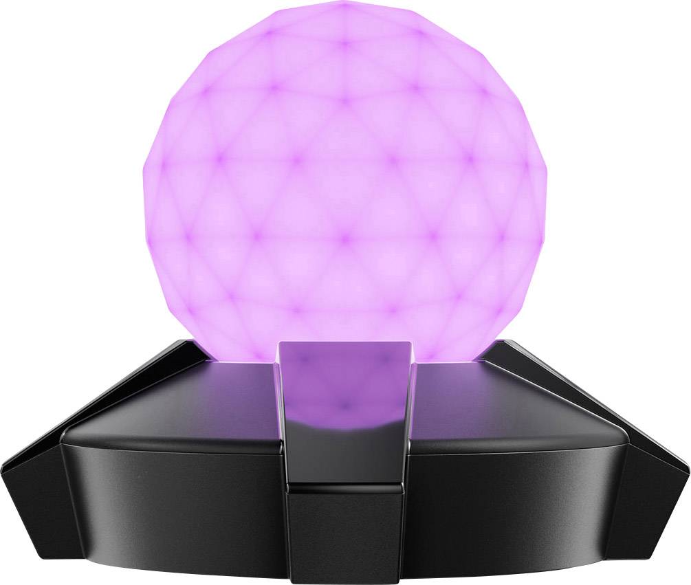 Ett lysande, rosa-färgat, geometriskt objekt på en svart bas. Dekorativt, möjligen använt som lampa eller designelement.