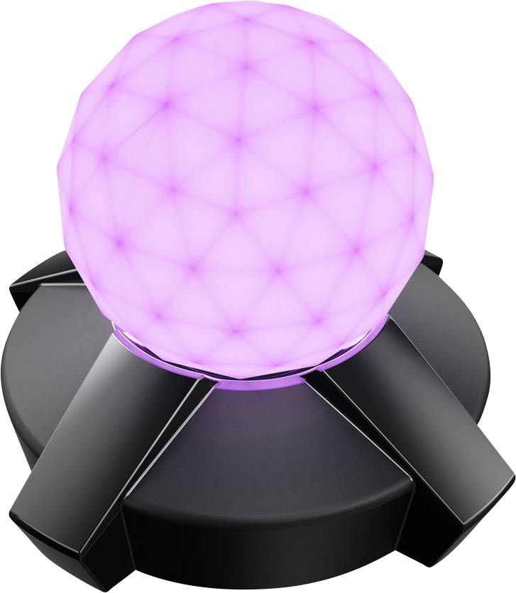 En lysande, lila kula på ett svart stativ med trebent design, dekorativ belysningseffekt.