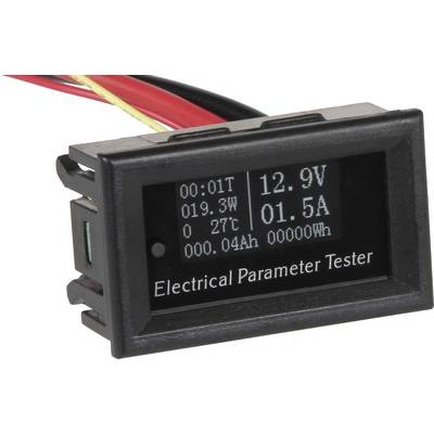 Elektronisk enhet med display: '12,9V', '019,3W', '1,5A', temperatur '27°C', betecknad som 'Elektrisk Parametertestare', visar elektriska mätvärden.
