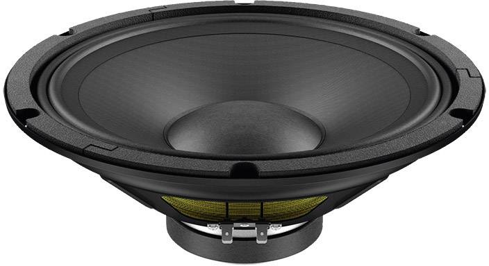 En stor, svart högtalare med synlig membran och magnetstruktur, lämplig för ljud- eller musikuppspelning.