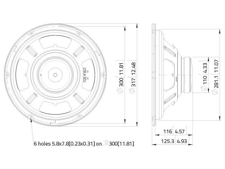 Ritning av högtalare med dimensioner: Diameter 300 mm, höjd 125,3 mm. Sex hål med 5,8x7,8 mm.