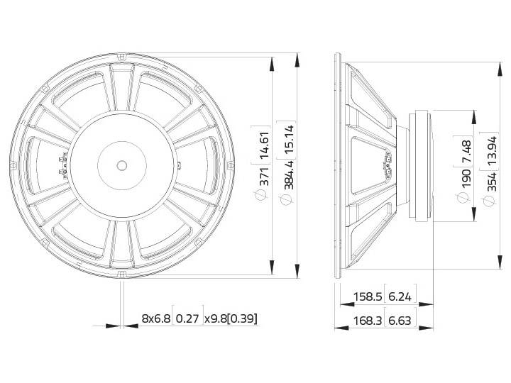 Teknisk ritning av en högtalare med dimensioner. Frontvy visar diameter och skruvhål, sidovy visar djup.
