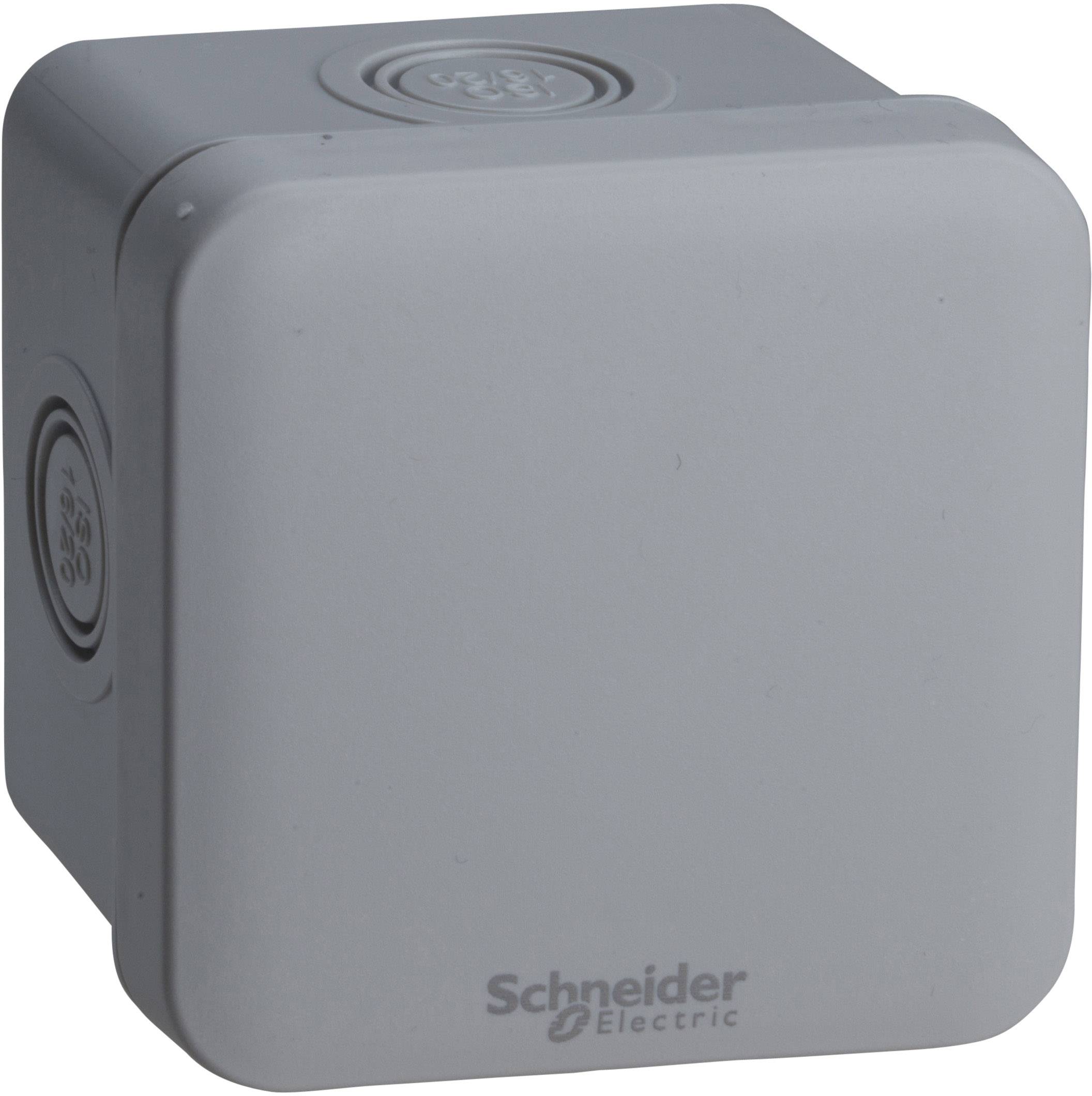 Grå kvadratisk plastlåda med tryckt text 'Schneider Electric' längst ner. Lämplig för industriella eller elektriska tillämpningar.