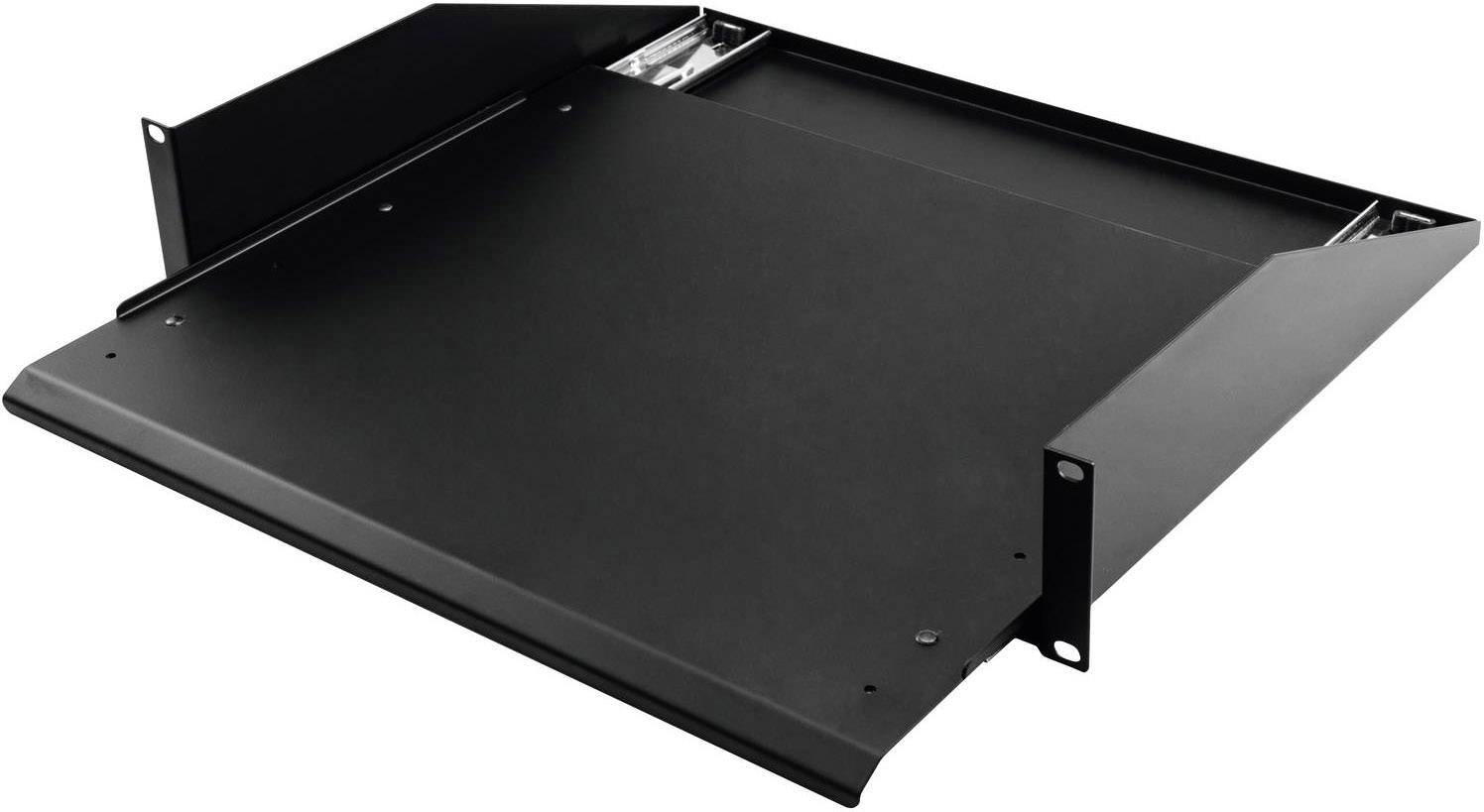 Svart, platt hylla eller bricka för montering, möjligen i ett skåp eller racksystem. Lämplig för elektroniska enheter.