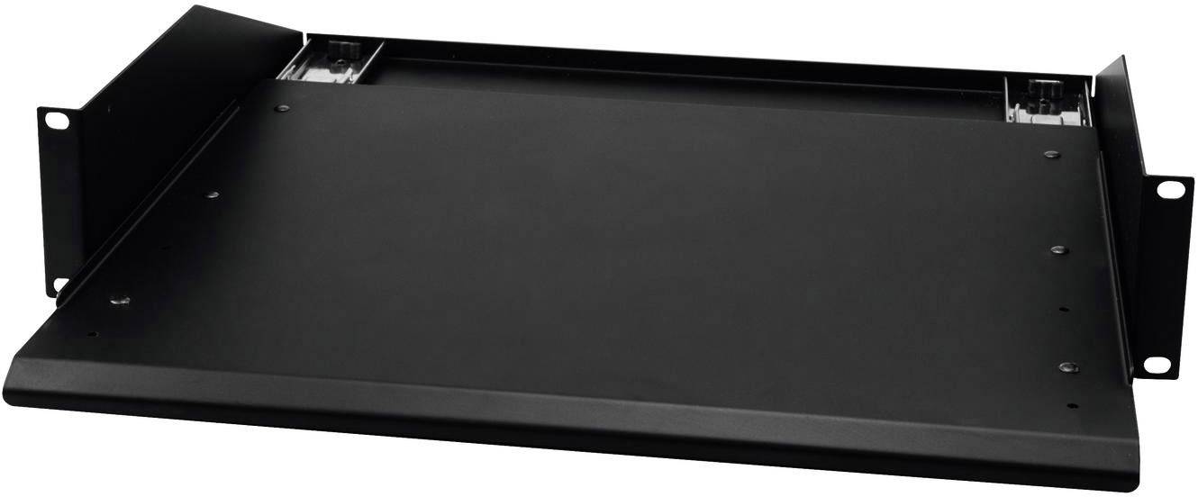 Svart 19-tums rackmonterat hyllplan för montering av utrustning. Det har sidofästen och en lutande framkant.