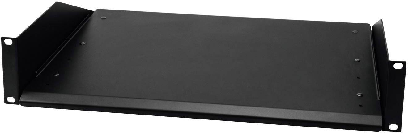 En svart, rektangulär hylla för montering i ett nätverksrack, lämplig för förvaring av elektroniska enheter.