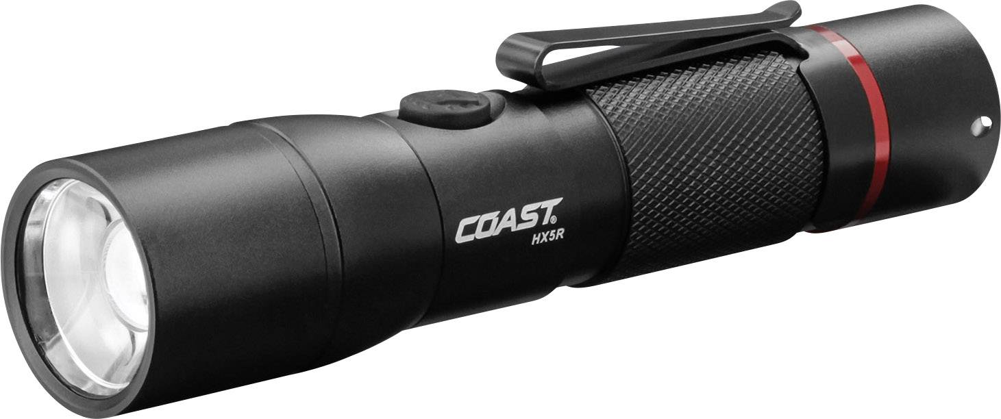 Svart LED-ficklampa med rött accentband och clip, sidotext 'Coast'.