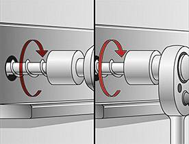 Diagrammet visar två skruvhuvuden med pilar i motsatta riktningar för åtdragning och lossning, vilket illustrerar korrekt användning av verktyg.