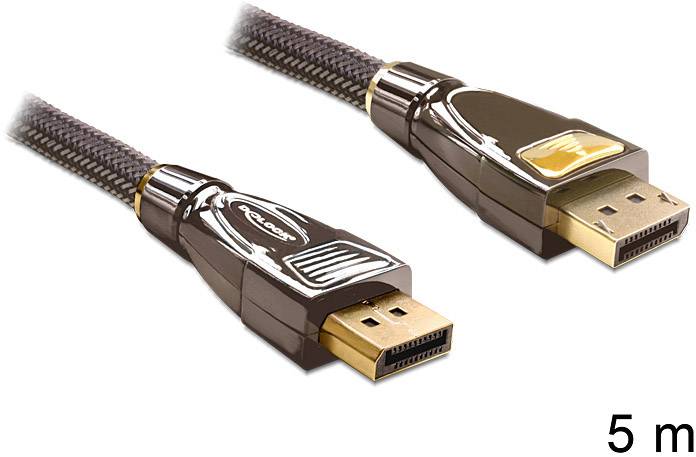DisplayPort-kabel, 5 meter långt, med vävd mantel och robusta kontakter, lämpligt för anslutning mellan skärmar och datorer.