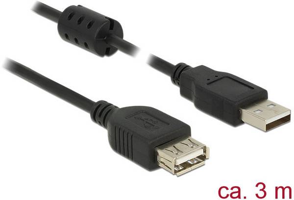 Delock USB-kabel USB 2.0 USB-A kontakt, USB-A uttag 3.00 m Svart med ferritkärna 84886
