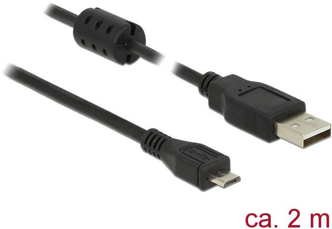 Svart USB-till-Micro-USB-kabel med en längd på ca 2 meter.