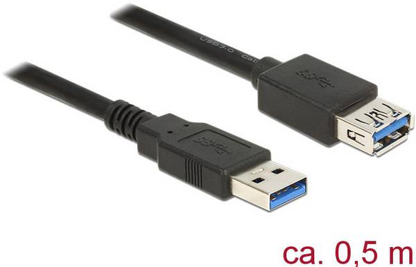 Delock USB-kabel USB 3.2 Gen1 USB-A kontakt, USB-A uttag 0.50 m Svart guldpläterad kontakt 85053