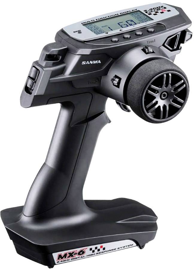 Svart fjärrkontroll i pistolformat med display och kontrolleringsratt, lämpad för radiostyrda bilar.