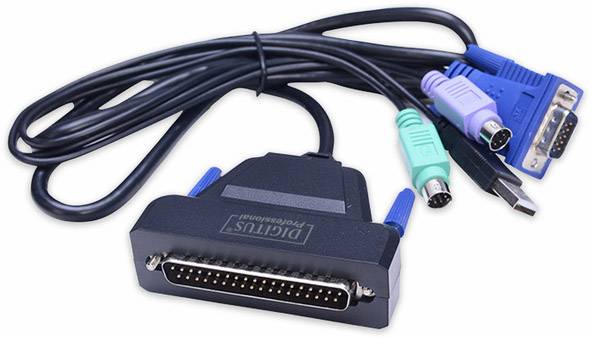En anslutningsadapter med VGA-, USB- och PS/2-kontakter, lämplig för enheter som stöder olika gränssnitt.