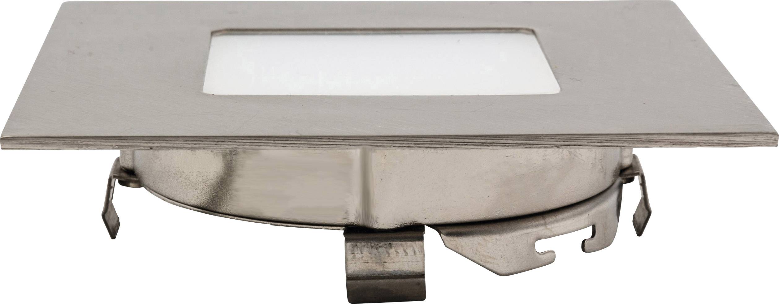 Rektangulär infälld metallarmatur med borstad yta och vitt ljusfält, lämplig för modern rumsdesign.