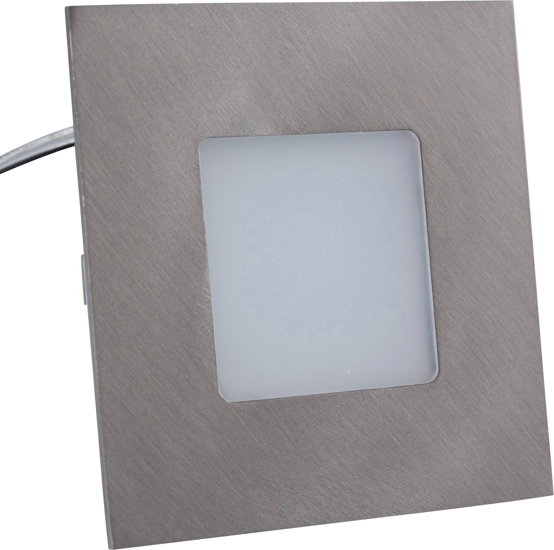 Fyrkantig LED-infälld armatur i borstat metall med ett centralt vitt lysande avsnitt. Perfekt för modern belysning.