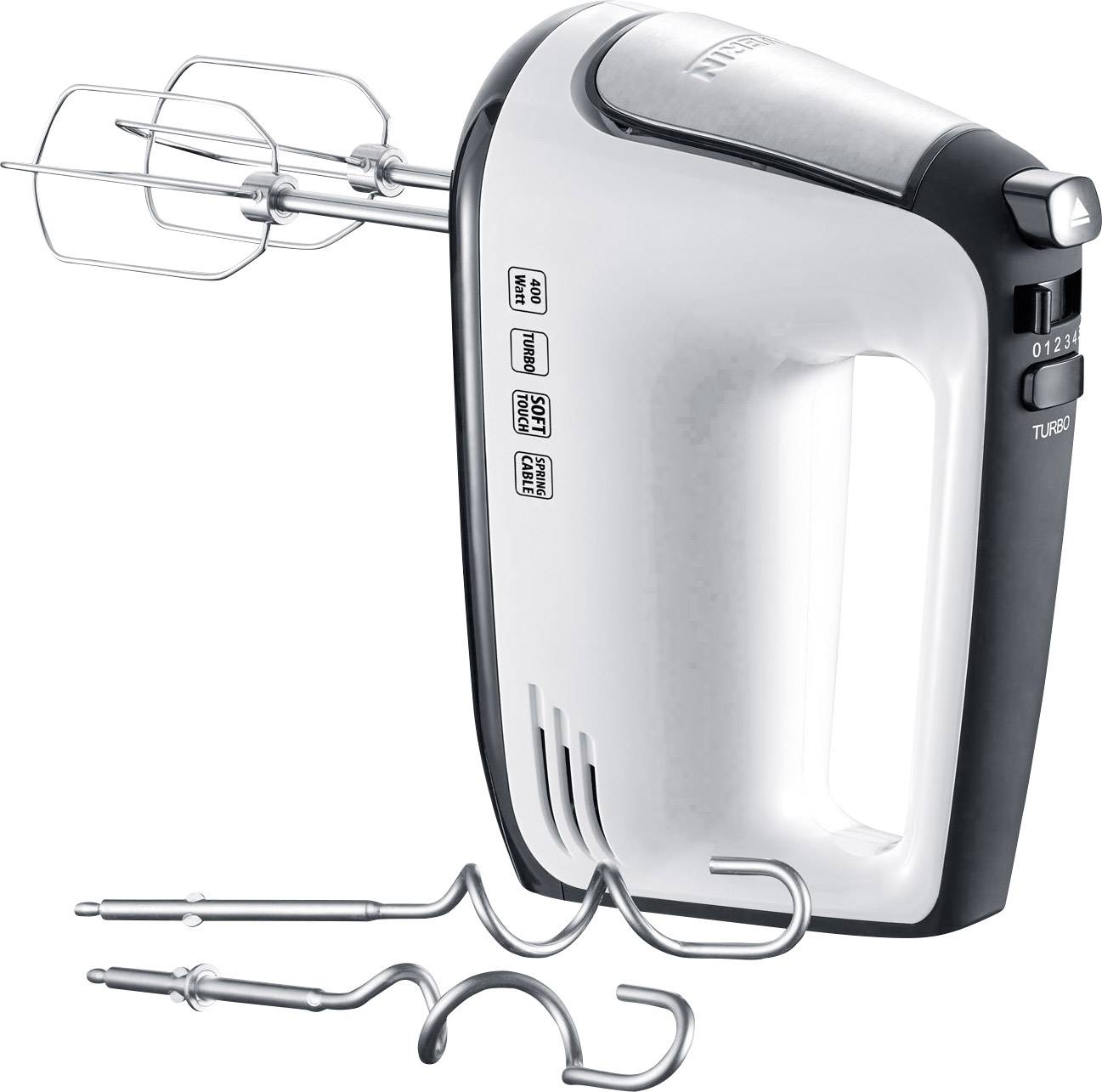 Elektrisk handmixer med två vispar och två degkrokar. Vitt och svart design, manöverpanel på sidan.