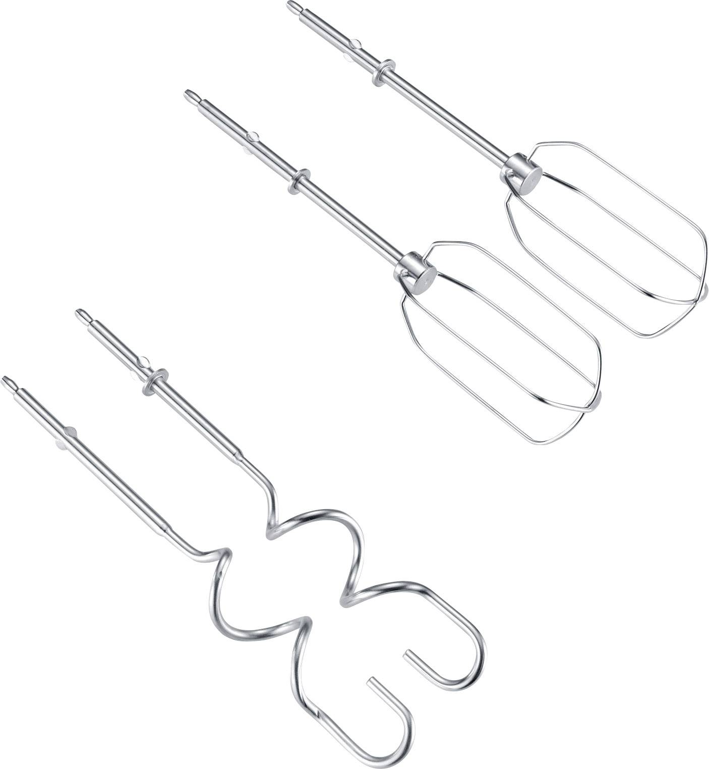 Tre metallinsatser till en handmixer. Två är vispar, en är en degkrok.