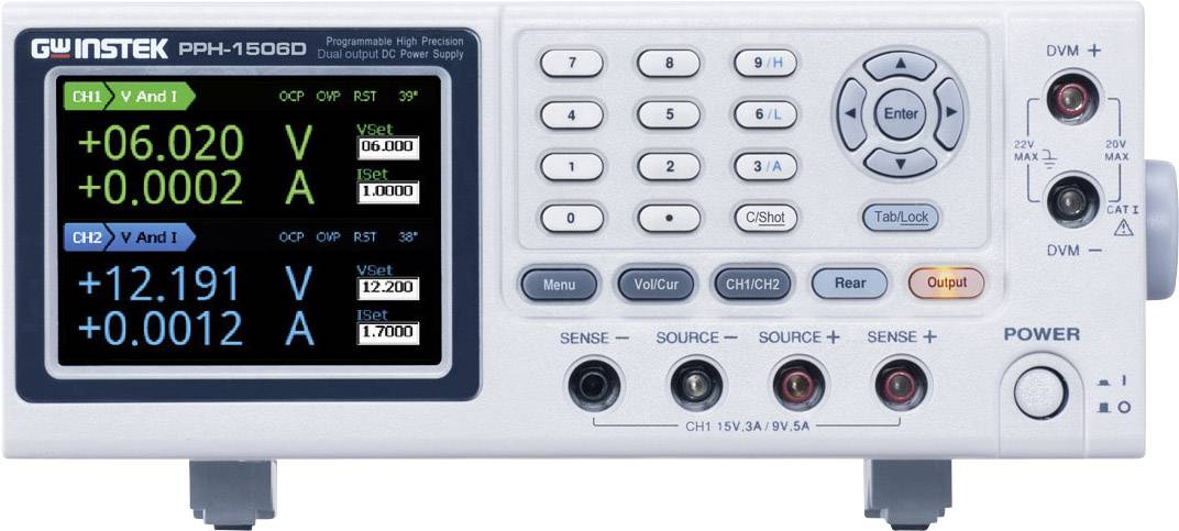 Elektroniskt mätinstrument med digitalDisplay som visar spänningar och strömmar för två kanaler. Knappsats för manövrering.