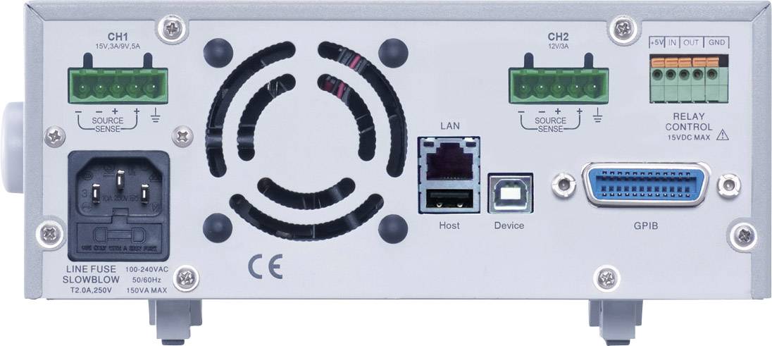 Baksidan av en elektronisk enhet med anslutningar för CH1 och CH2, LAN, GPIB, nätanslutning och fläkt. Etiketter för funktioner synliga.
